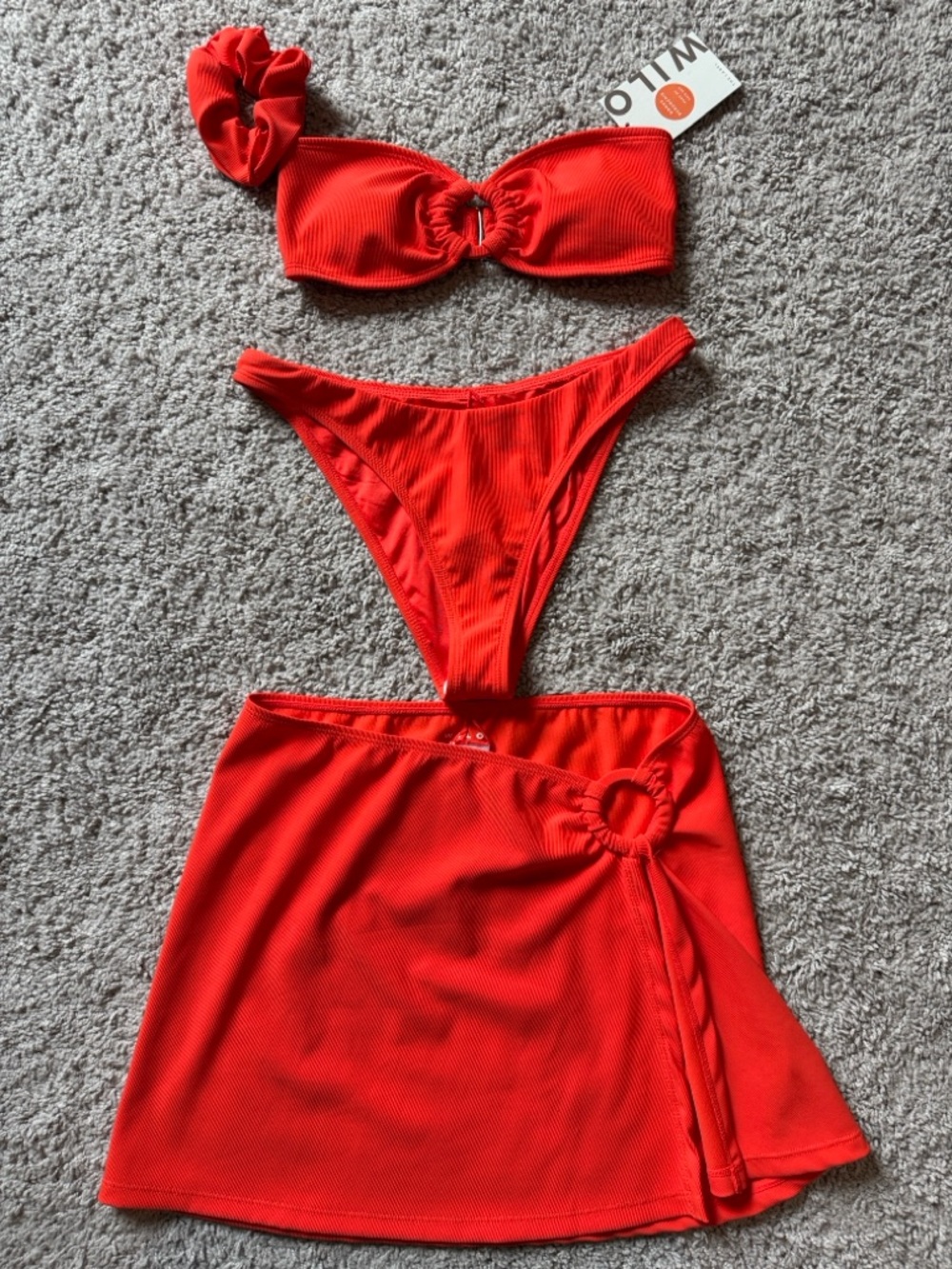 NWT Wilo The Label 3 Piece Bandeau Bikini Set With Skirt in Tomato Red